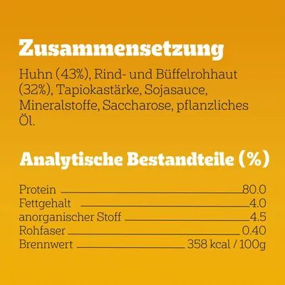 Tekst na njemačkom: sastav s piletinom 43 %, goveđa i bivolja koža 32 %, te analitički sastav: proteini 80 %, mast 4 %, anorganski sastojci 4,5 %, vlakna 0,4 %, 358 kcal/100g.