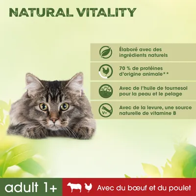 NATURAL VITALITY, élaboré avec des ingrédients naturels, 70 % de protéines d’origine animale, huile de tournesol pour la peau et le pelage, levure source naturelle de vitamine B, adult 1+, avec du bœuf et du poulet