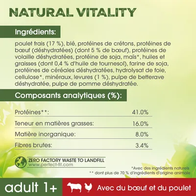Natural Vitality, ingrédients principaux : poulet frais 17 %, bœuf, blé, protéines de volailles, soja. Analyse : protéines 41 %, matières grasses 16 %, matière inorganique 8 %, fibres brutes 3,4 %.