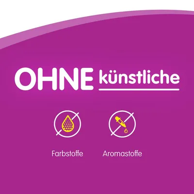 OHNE künstliche Farbstoffe und Aromastoffe. Icons zeigen durchgestrichene Tropfen und Pipette.