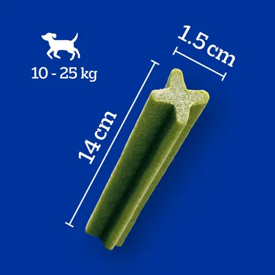 Snack verde em forma de bastão, com 14 cm de comprimento e 1,5 cm de largura. Indicado para cães de 10–25 kg (texto visível na imagem).
