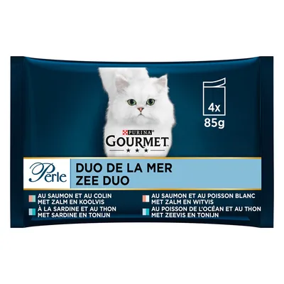 Balenie Purina Gourmet Perle Duo de la Mer, 4×85 g. Viditeľné príchute: losos a treska, sardinka a tuniak, losos a biela ryba, oceánska ryba a tuniak.