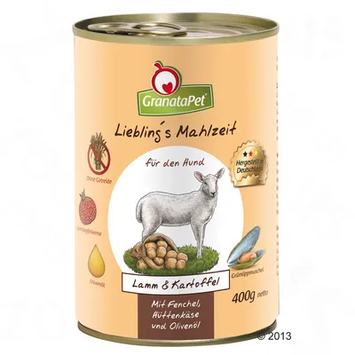 Консерва GranataPet для собак, Lamm & Kartoffel, 400 г. Без зерна, с гранатовыми косточками и оливковым маслом. Изготовлено в Германии. Видны ягнёнок и картофель.