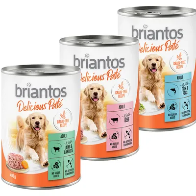 Briantos Delicious Paté, grain-free recipe. Varieties: Wild Beef, Wild Lamb & Carrots, Wild Fish & Peas. No added sugar, no artificial flavours. 400g cans.