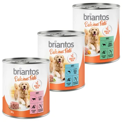 Briantos Delicious Paté, grain-free recipe, varieties: venison & peas, lamb & carrots, beef. No added sugar, no artificial flavours. 800g cans.