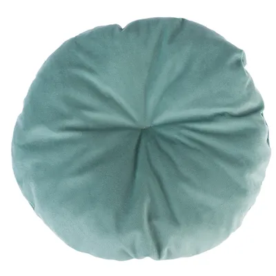 Rond, groen kussen met zachte stofoppervlakte en licht plooipatroon in het midden.
