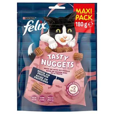 Purina Felix Tasty Nuggets Maxi Pack 180g, ricco di salmone con trota, meno di 2 kcal per snack, ricco di proteine, Omega 6, vitamine.