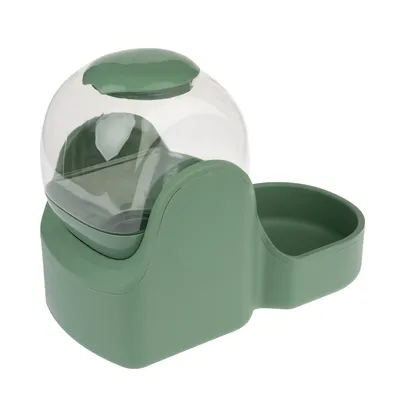 Green food and water dispenser with transparent container and two bowls, suitable for pets.
