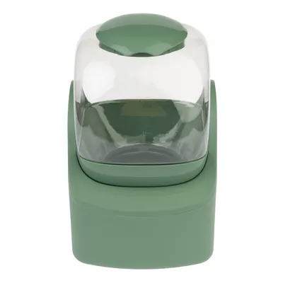 Green food dispenser with transparent lid, suitable for storing and dispensing pet food.