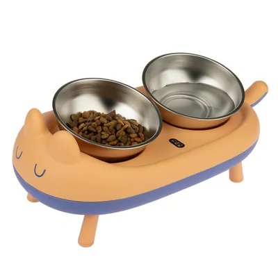 Double bowl made of stainless steel in orange-blue cat design, one bowl with dry food and one bowl for water.