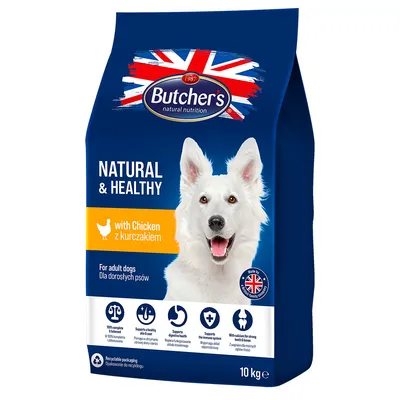 Butcher's Natural & Healthy Hundefutter mit Huhn, für erwachsene Hunde, 10 kg. Verpackung zeigt britische Flagge und Produktvorteile wie gesunde Verdauung und starke Knochen.