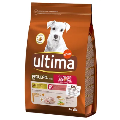 Sac de croquettes Ultima Affinity pour chien senior mini <10 kg, saveur poulet, sans sucres ajoutés, colorants ni conservateurs, 3 kg, informations en espagnol visibles sur l’emballage.