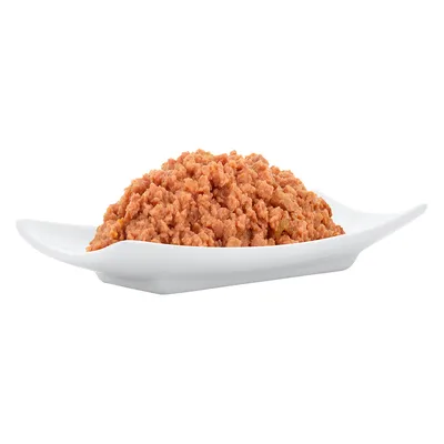 Närbild av våtfoder för djur på en vit tallrik, brunaktiga köttbitar med synliga grönsaksbitar.