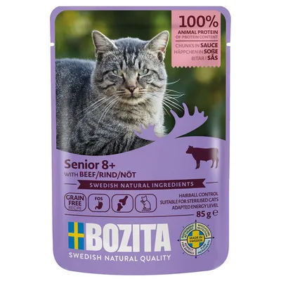 Bozita Senior 8+ med nötkött, 100 % animaliskt protein, bitar i sås, spannmålsfri, hårbollskontroll, för steriliserade katter, svenska naturliga ingredienser, 85 g.