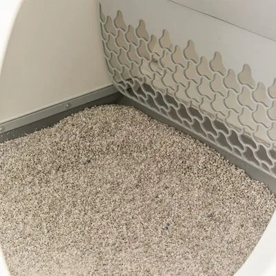 Binnenkant van een kattenbak met lichtgrijze klontvormende kattenbakvulling en kunststof rooster aan de zijkant zichtbaar.