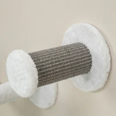 Rullo tiragraffi in sisal grigio con estremità in peluche bianco, adatto per montaggio a parete.