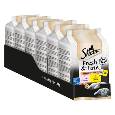 Sheba Fresh & Fine in Sauce, 6x (6x50g) = 1,8kg. Sorten: 2x Lachs, 4x Huhn. Verpackung aus 100% recyceltem Papier.