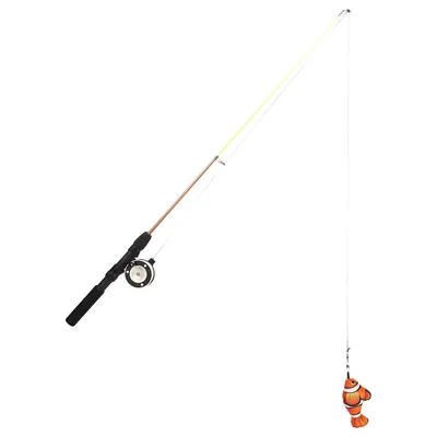 Play rod with black handle, reel, and orange fish toy at the end of the string.