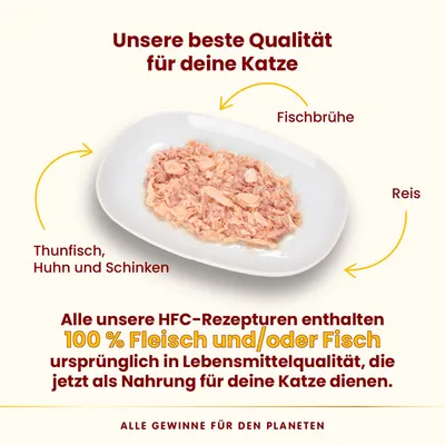 Unsere beste Qualität für Katzen: Thunfisch, Huhn und Schinken mit Fischbrühe und Reis. HFC-Rezepturen enthalten 100% Fleisch und/oder Fisch in Lebensmittelqualität.