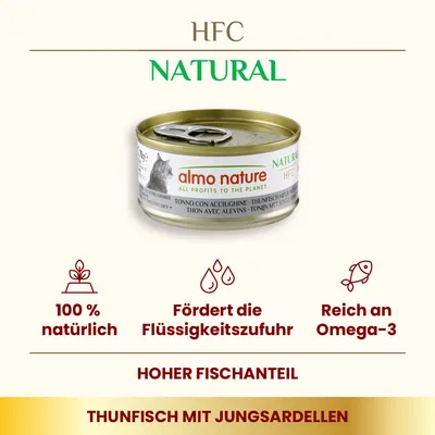 HFC Natural Thunfisch mit Jungsardellen von almo nature. 100 % natürlich, fördert die Flüssigkeitszufuhr, reich an Omega-3, hoher Fischanteil.