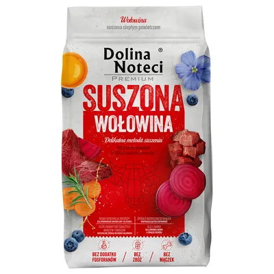 Dolina Noteci Premium, manzo essiccato. Metodo delicato di essiccazione, senza fosfati, senza cereali, senza farina. Contiene verdura e frutta fresca.