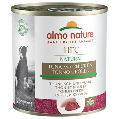 almo nature HFC Natural konzerv, TUNA AND CHICKEN, többnyelvű feliratok, 100% profits to nature, No gluten recipe, kutya képe a címkén