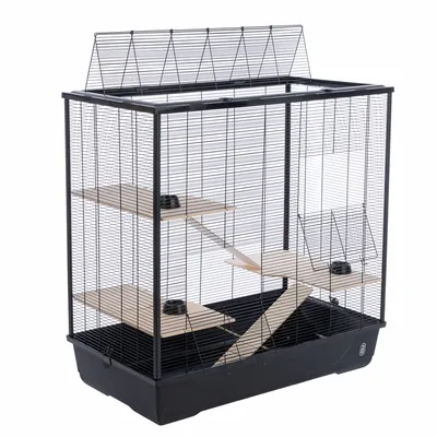 Large cage with metal mesh walls, black plastic base, three wooden platforms and ramps for small animals.