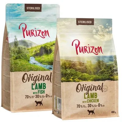 Purizon Sterilised Original Lamb mit Fisch und Lamb mit Chicken, 70% Fleisch & Fisch, 30% Obst & Gemüse, 0% Getreide, 400g Packungen.