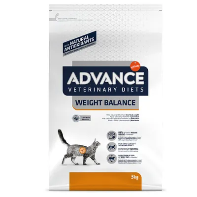 Корм для кошек Advance Veterinary Diets Weight Balance, 3 кг. Видны надписи: с натуральными антиоксидантами, клинически доказано, 83 % кошек снижают вес, содержание клетчатки.