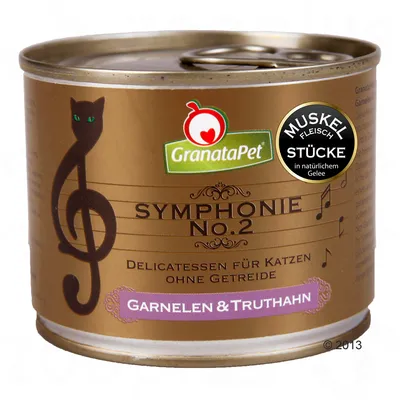 Lata de comida para gatos GranataPet Symphonie No.2, Garnelen & Truthahn, sin cereales. Texto en alemán: Delicatessen für Katzen ohne Getreide, MUSKELFLEISCH STÜCKE in natürlichem Gelee.
