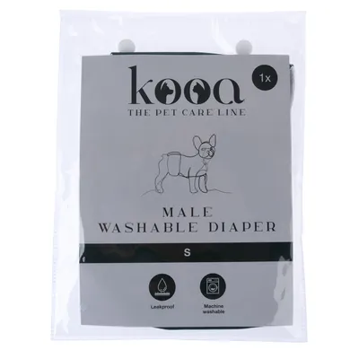 kooa Male Washable Diaper, Grösse S, auslaufsicher und maschinenwaschbar. Verpackung zeigt Illustration eines Hundes mit Windel.