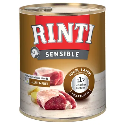 Lata de comida para perros Rinti Sensible, texto visible: 100% Lamm im Fleischanteil, nur 1 tierisches Protein, glutenfrei, für empfindliche Hunde, +Kartoffel.