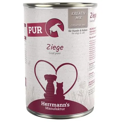 Blik Herrmann's Manufaktur PUR Ziege, Kreativ Mix, voor honden en katten. Tekst: Goat pure, für Hunde & Katzen, Creative Mix. Afbeelding hond en kat in hartvorm.