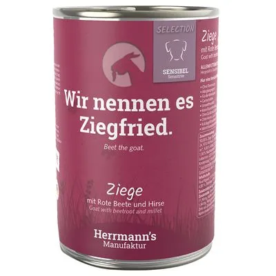 Herrmann's Manufaktur Selection Sensibel. Wir nennen es Ziegfried. Ziege mit Rote Beete und Hirse. Beet the goat. Tekst deels in het Duits en Engels.