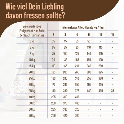 Fütterungstabelle: Zu erwartendes Endgewicht und empfohlene Tagesration in Gramm nach Alter des Haustiers, von 2 bis 70 kg. Angaben für 2, 3, 4, 6, 11 und 15 Monate.