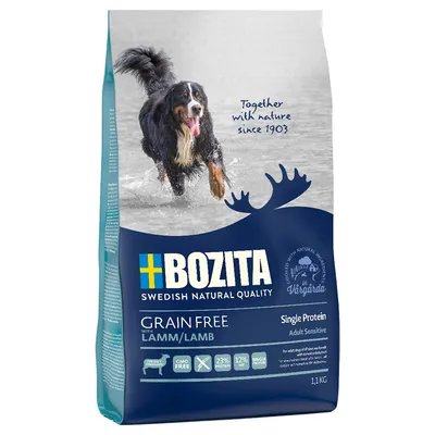 BOZITA Swedish Natural Quality Grain Free with Lamm/Lamb, Single Protein Adult Sensitive, 23% protein, 12% fat, GMO free, 1,1 kg. Tekst: Together with nature since 1903.