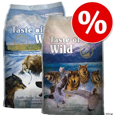 Два пакета Taste of the Wild с видими надписи: Pacific Stream Canine Formula with Smoked Salmon и Wetlands Canine Formula with Roasted Fowl. Голям червен символ за процент.