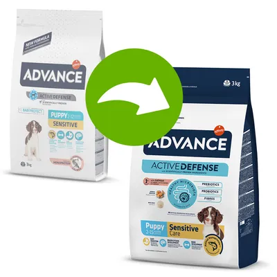 Advance Active Defense Puppy Sensitive Care -koiranruokapakkausten uudistunut ulkoasu, kaksi 3 kg pussia vierekkäin, vihreä nuoli osoittaa muutoksen vanhasta uuteen pakkaukseen.