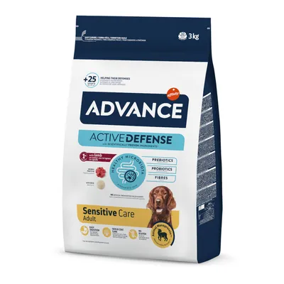 Advance Active Defense Sensitive Care Adult con cordero, 3 kg. Contiene prebióticos, probióticos y fibra. Para digestión fácil, cuidado de piel y pelaje, sin gluten.