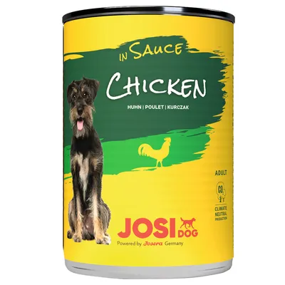 Boîte de nourriture pour chien JosiDog, saveur Chicken in Sauce, texte visible : Huhn | Poulet | Kurczak, production neutre en CO₂, adulte, Powered by Josera Germany.