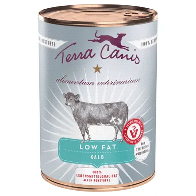Terra Canis Low Fat Kalf, alimentum veterinarium, 100% voedselkwaliteit van alle ingrediënten, ontwikkeld met dierenartsen, aanbevolen door dierenartsen.