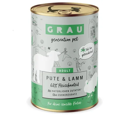 GRAU Adult Pute & Lamm, 68% Fleischanteil, mit natürlichen Zutaten, ohne Zuckerzusatz, getreidefrei. Für sensible Katzen.