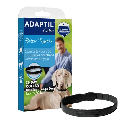 Adaptil Calm 30 day collar for medium to large dogs up to 50kg, comforts your dog in stressful situations, veterinary recommended. Packaging and black collar shown.