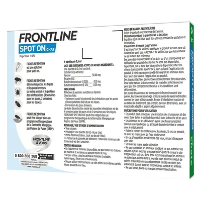 FRONTLINE Spot On Chat, Fipronil 10 %, boîte avec instructions, composition (fipronil 50 mg), indications, posologie, précautions et numéro de service client 0 800 368 368 visibles.
