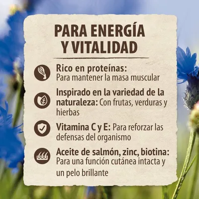 Para energía y vitalidad: rico en proteínas, inspirado en la variedad de la naturaleza, vitamina C y E, aceite de salmón, zinc, biotina. Texto en español.