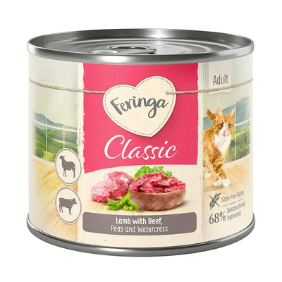 Boîte Feringa Classic Adult, texte visible : Lamb with Beef, Peas and Watercress, 68 % Selected Animal Ingredients, Grain-Free Recipe. Photo de viande et chat roux.