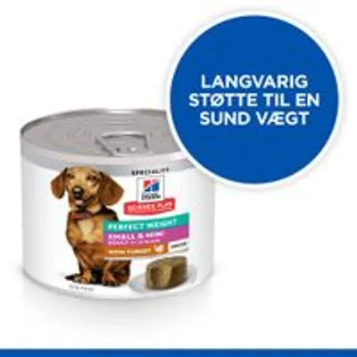 Hill's Science Plan Perfect Weight Small & Mini Adult hundefoder dåse med billede af lille hund. Tekst: Langvarig støtte til en sund vægt.