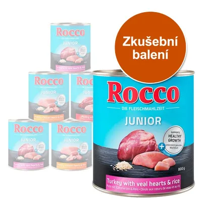 Rocco JUNIOR konzervy, různé varianty. Text: Zkušební balení, Turkey with veal hearts & rice, Poultry, chicken hearts & rice, supports healthy growth, 800 g.