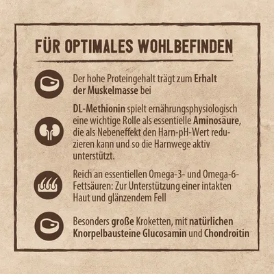 Für optimales Wohlbefinden: Hoher Proteingehalt für Muskelmasse, DL-Methionin unterstützt Harnwege, Omega-3/-6-Fettsäuren für Fell und Haut, grosse Kroketten mit Glucosamin und Chondroitin.