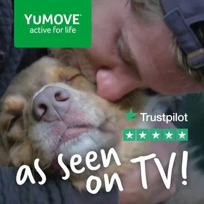 YUMOVE active for life, Trustpilot 5 estrellas, as seen on TV! Texto en inglés visible en la imagen.